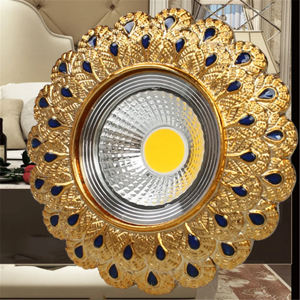 Europe Luxury Gold Resin Peacock Feather Embedded Downlights 3W 5W 110V 220V Open Hole 6Cm Corridor Led Lamp Foyer Art Spotlight