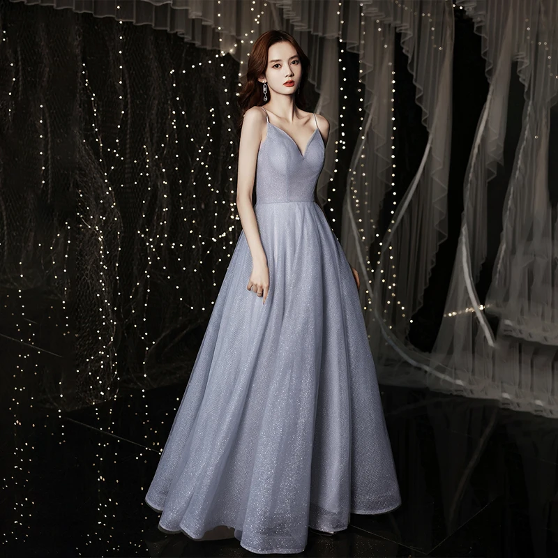 

Sexy V Neck Sleeveless Sequined Evening Dress Long 2021 Charming Spaghetti Strap Lace Up Back Gray Women Formal Party Gowns