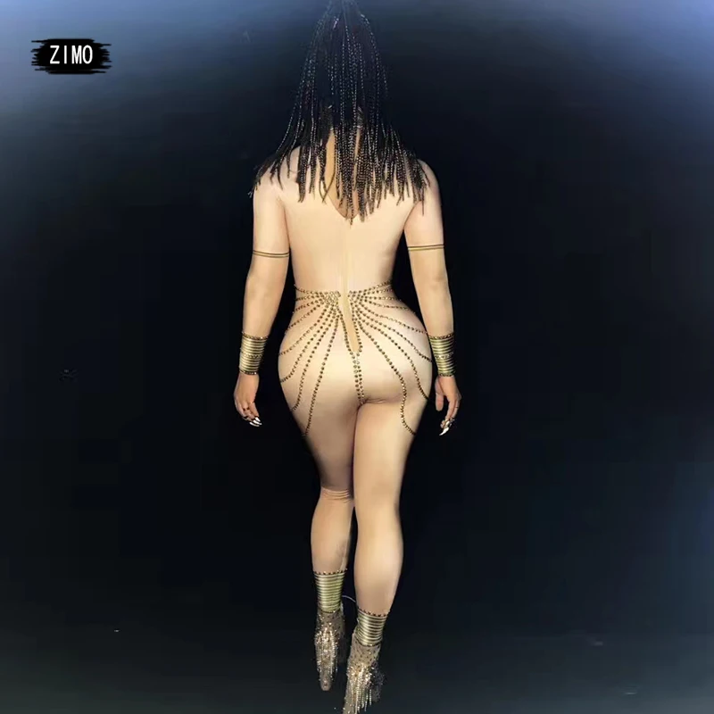 เซ็กซี่คลีโอพัตราทอง Rhinestone Nude Jumpsuit PARTY ชุดวันเกิดสําหรับผู้หญิงไนท์คลับคริสตัลเครื่องแต่งกายนักร้อง POLE Dance RAVE