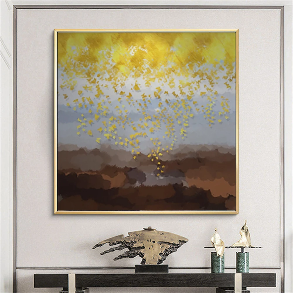 

Best Selling Hand-Painted Oil Paintings Modern Abstract Gold Foil Art Golden Flower Brown Canvas Painting Home Decoration Mural