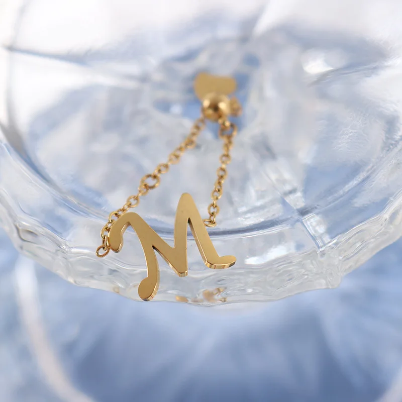 New Personality 316L Stainless Steel Pull Chain M Letter Ring Female Gold Plated Adjustable Ring for Women Girls Jewelry