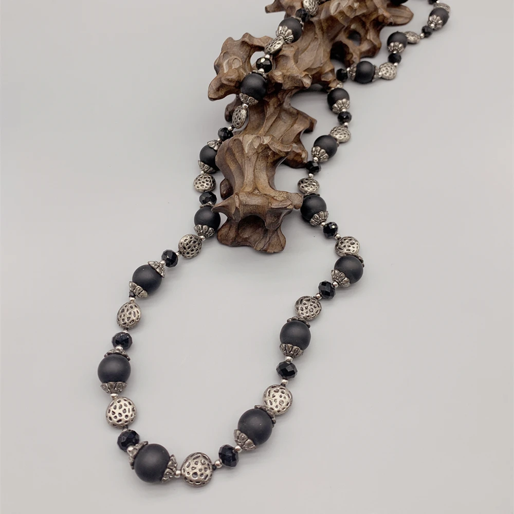 FoLisaUnique 12mm Matte Black Onyx Necklace For Women Hammered Look Antique Silver Beads Long Necklace Casual Jewelry 32 Inch