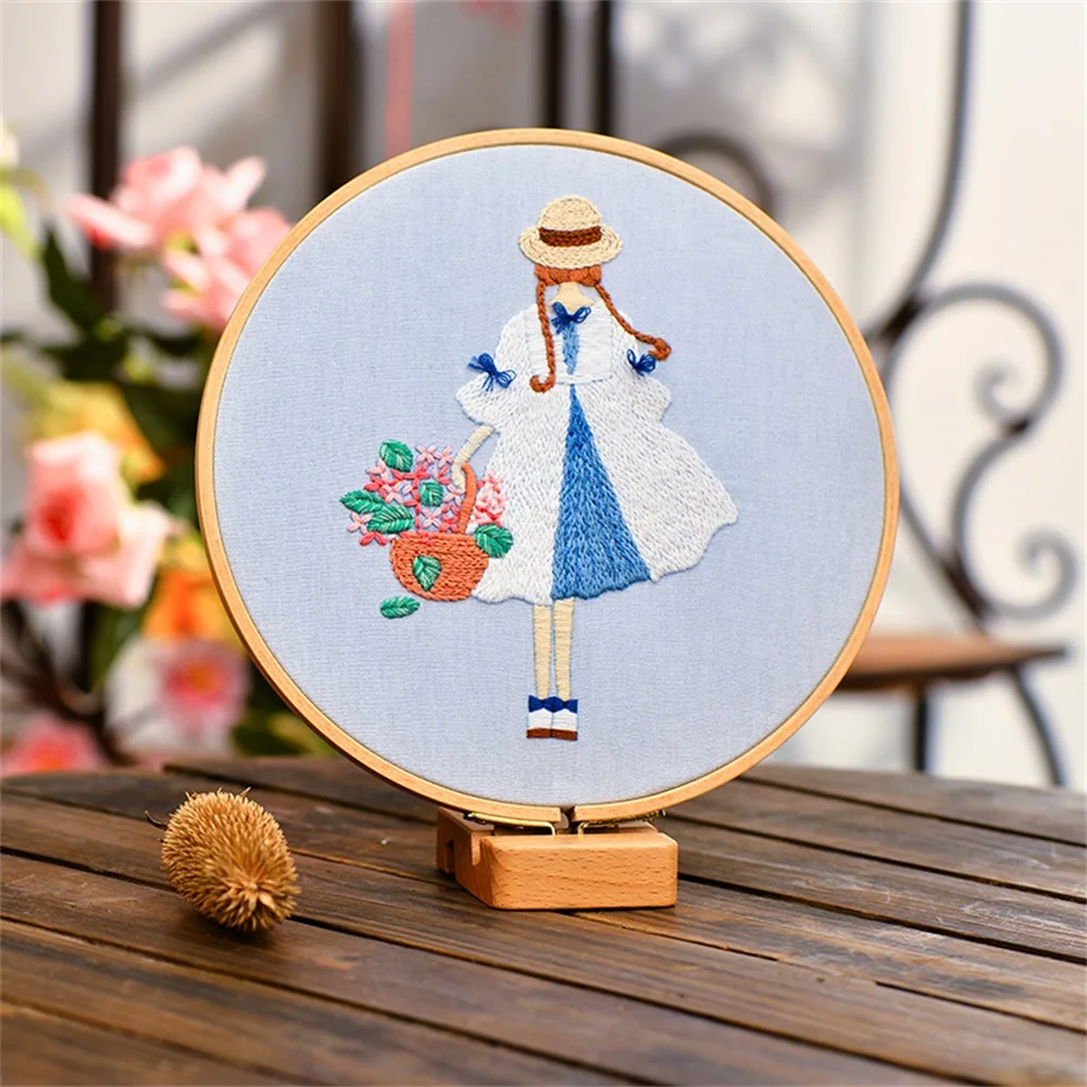 Diy Embroideri Kit Girl Flower Basket Pattern Handmade Needlework Set for Beginner Sewing Handcraft Cross Stitch Embroidery Hoop