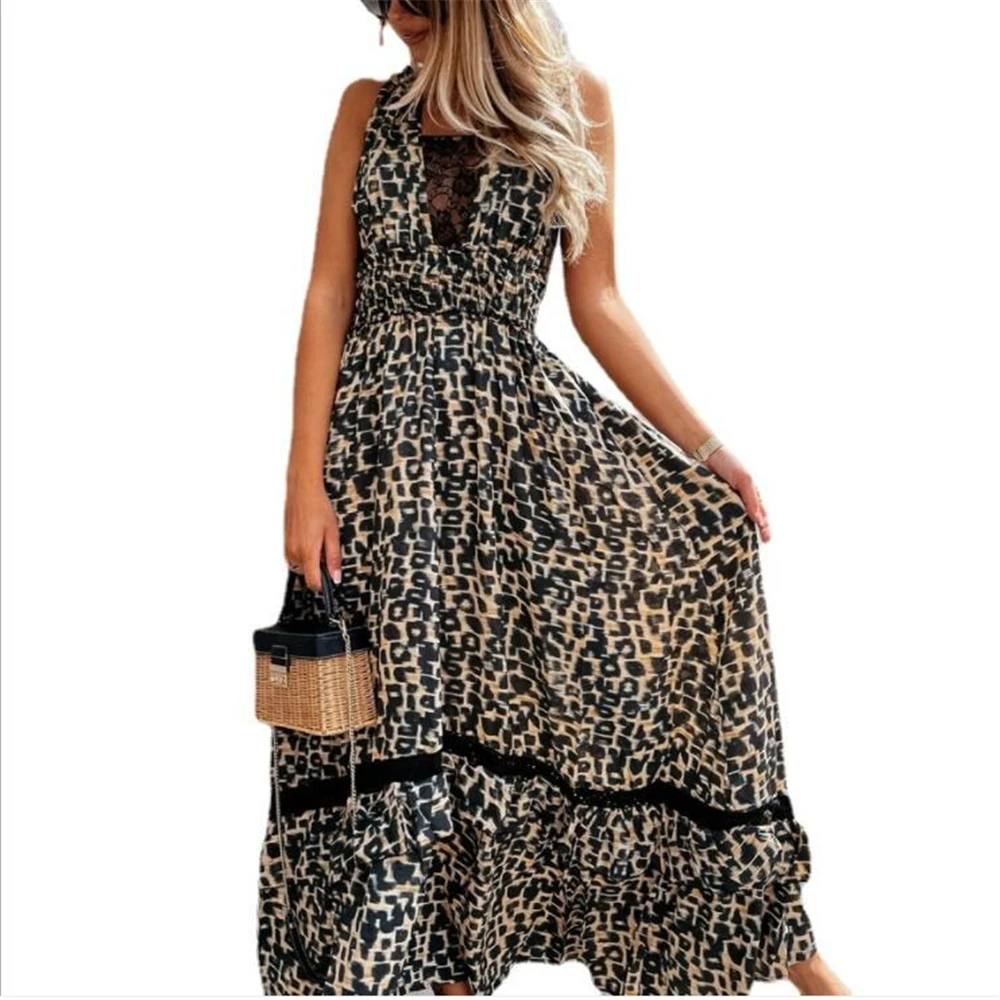 Women Casual Sleeveless Backless Boho Maxi Dress Summer Sexy V Neck Leopard Long Dress Fashion Hollow Out Lace Party Beach Dress