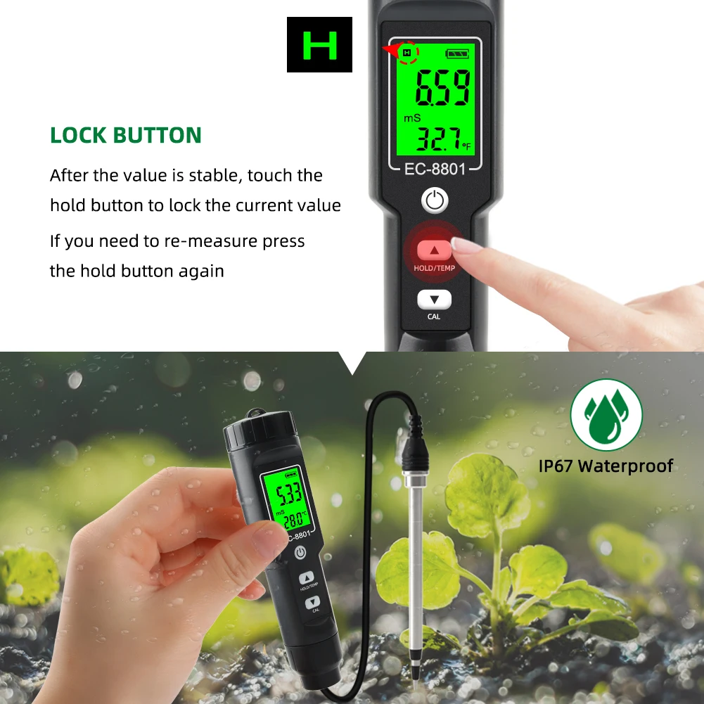 Digital EC/Temp Soil Tester 0.00~10.00mS/cm Conductivity Meter Waterproof Sensor Earth Analyzer with ATC Planting Garden Outdoor