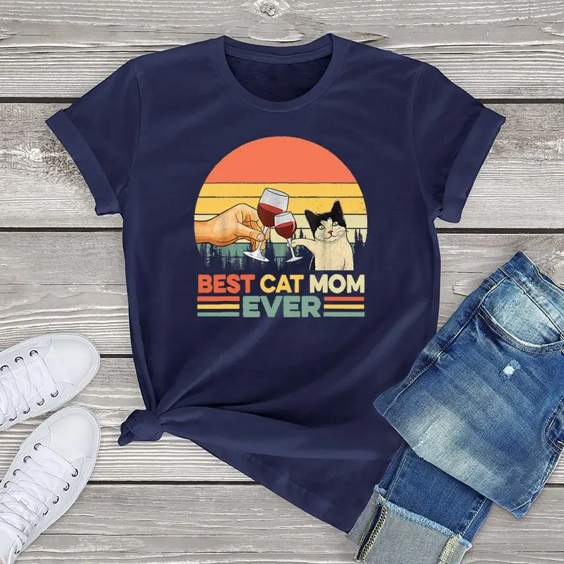 100% Cotton Tee Blouses Best Cat Mom Ever T Shirt Women Casual Cat Mom Tops Funny Ladies cat graphic Female T Shirt Gifts US 3XL