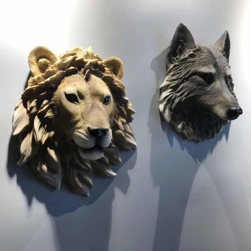 New Resin Simulation Animal Figurines Wall Wolf Head Status Lion Figure Decor Bar Mural Sculptures Ornaments Home Accessories