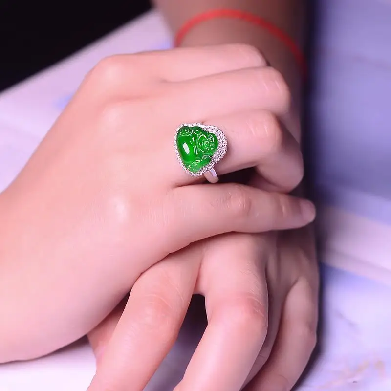 Inlaid crystal natural ice seed Hetian chalcedony green geometric opening adjustable ring temperament retro ladies jewelry