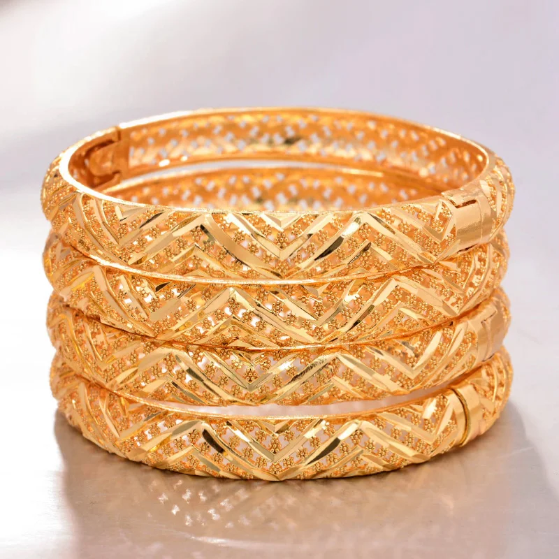 

ANNAYOYO 4Pcs/lot Ethiopian Africa Gold Color Bangles for Women Dubai Bride Bracelet African Wedding Jewelry Middle East Items