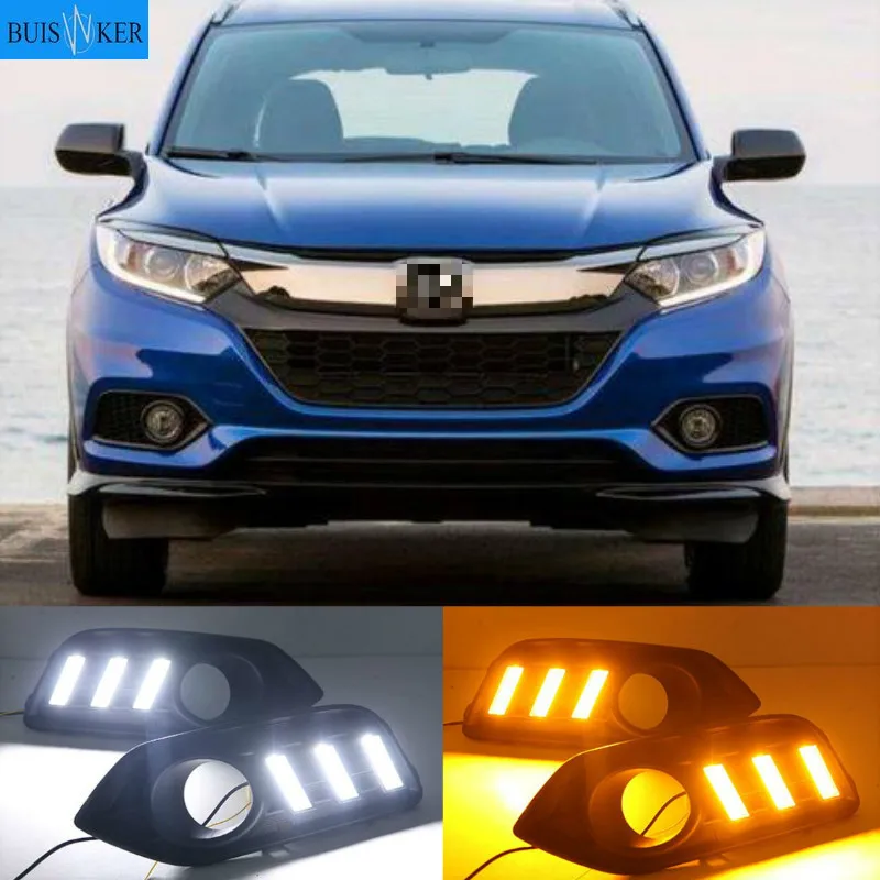 

2PCS LED Daytime Running Light 12V Car DRL Fog Lamp Decoration For Honda HRV HR-V Vezel 2018 2019 Yellow Turn Signal Function