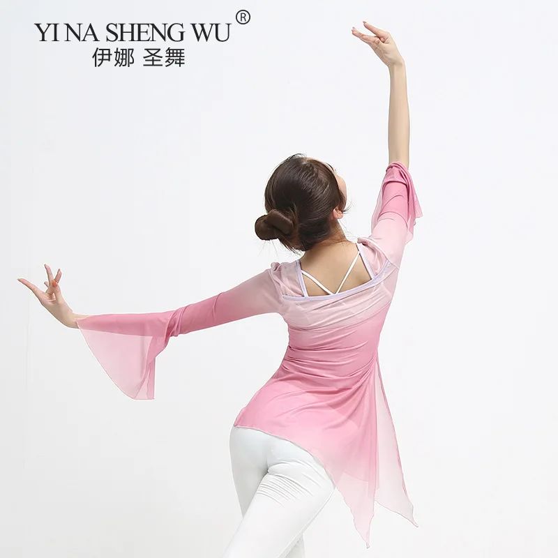 Classical Dance Practice Clothes Tops Elegant Gradient Shirts Gauze Chinese Dance Body Rhyme Dance Performance Clothes Women\'s