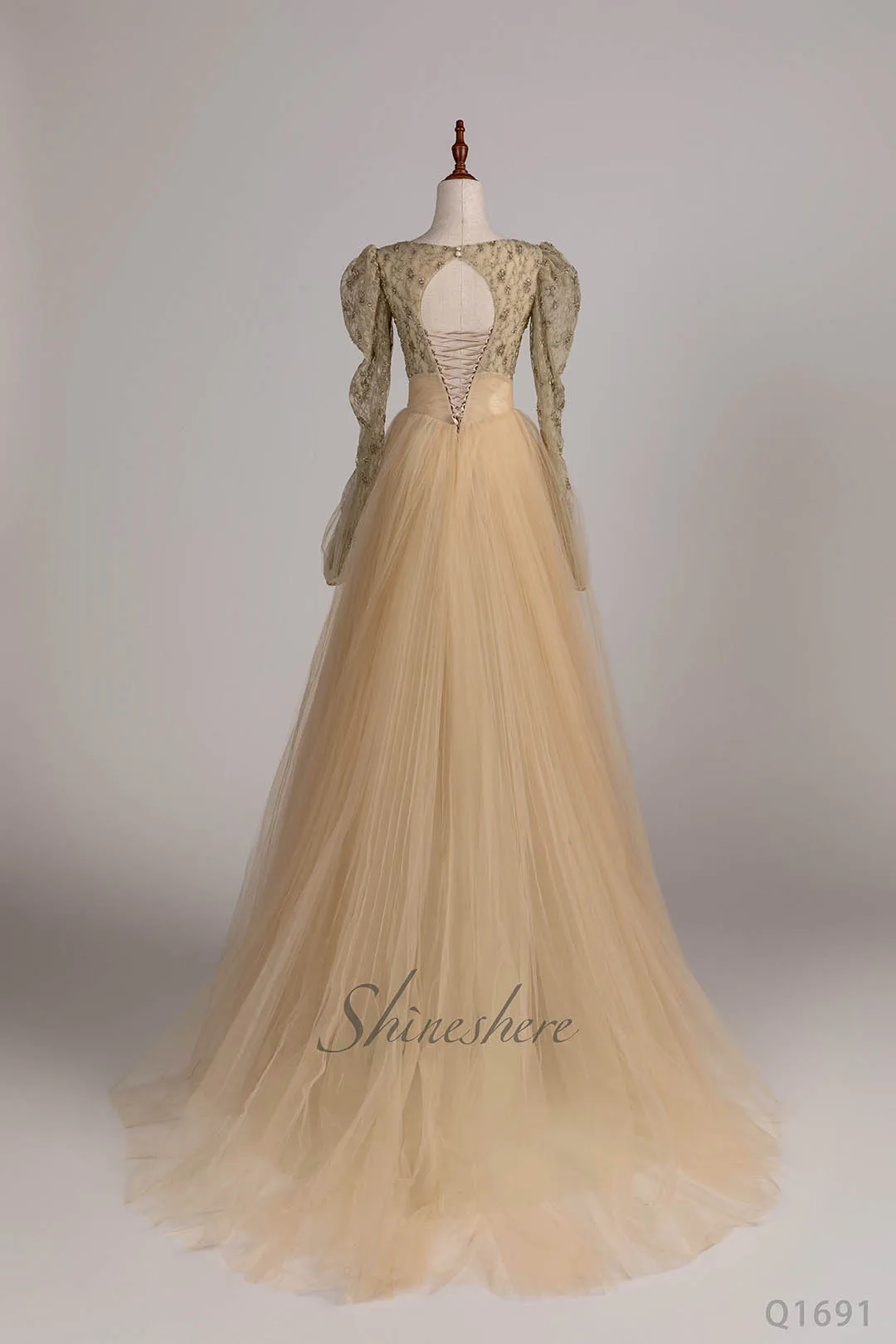 Jusere evening dress elegant party dress with puffy sleeves golden beads evening gown with sweep train