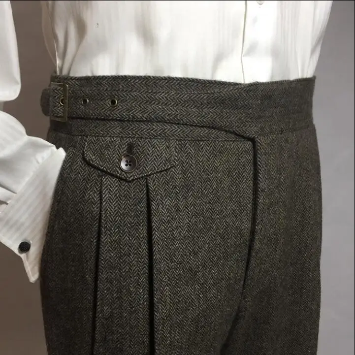 Winter British Style Men Pants Vintage Tweed Straight Casual Trouser Business Wool