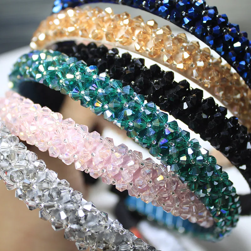 Lystrfac Solid Color Luxury Rhinestone Headband for Women Beads Bezel Shiny Hairband Girls Bride Wedding Hair Accessories