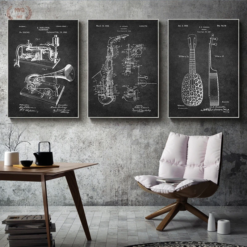 Electric Guitar Sax Musical Instruments Poster Canvas Painting Picture Sketch Cutaway View Print Black and White Home Wall Decor