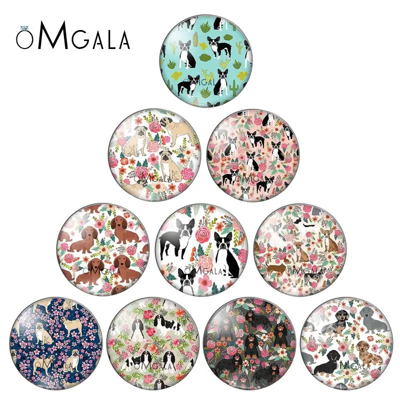 

Flowers And Dogs Patterns 10pcs 10mm/12mm/14mm/16mm/18mm/20mm/25mm Round photo glass cabochon demo flat back Making findings