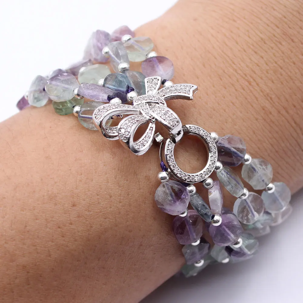 GuaiGuai Jewelry 5 Rows Natural Mix Color Fluorites Faceted Coin Beads Bracelet CZ Flower Clasp Handmade For Women