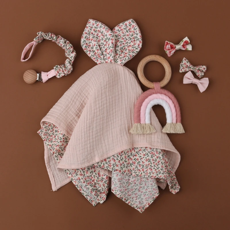 Serviette et Hochet pour Bébé en Coton, Silicone et Bois, Doudou à Sonnette, Double Face, Linge de Biberon et de Sieste, Apaisante, Accessoires de