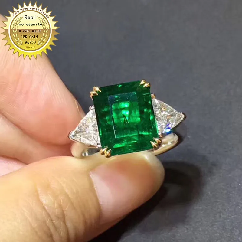 10K Gold ring Lab Created 3ct Emerald and Moissanite Diamond Ring With national certificate Em-0016