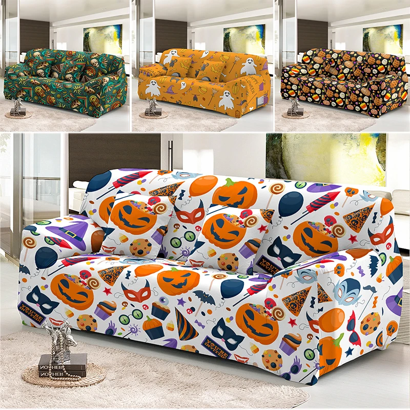 Happy Halloween Couch Cover For L Shape Sectional Sofas Slip-Resistant Stretch Sofa Covers 1/2/3/4 Seater Removable Slipcover