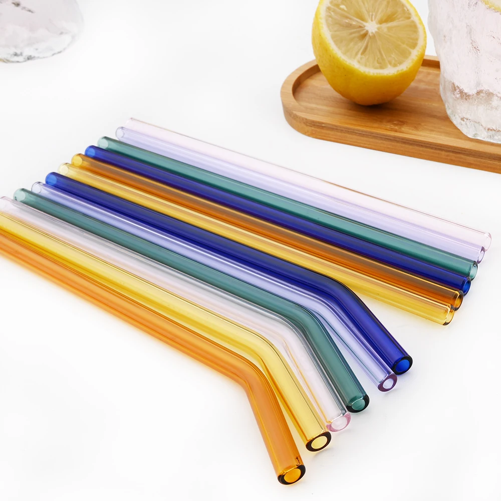 

10 Piece Handmade Glass Straw With 2Pcs Cleaning Brush Reusable Eco Friendly Household Glass Straight Bent Straw Bar Accessories