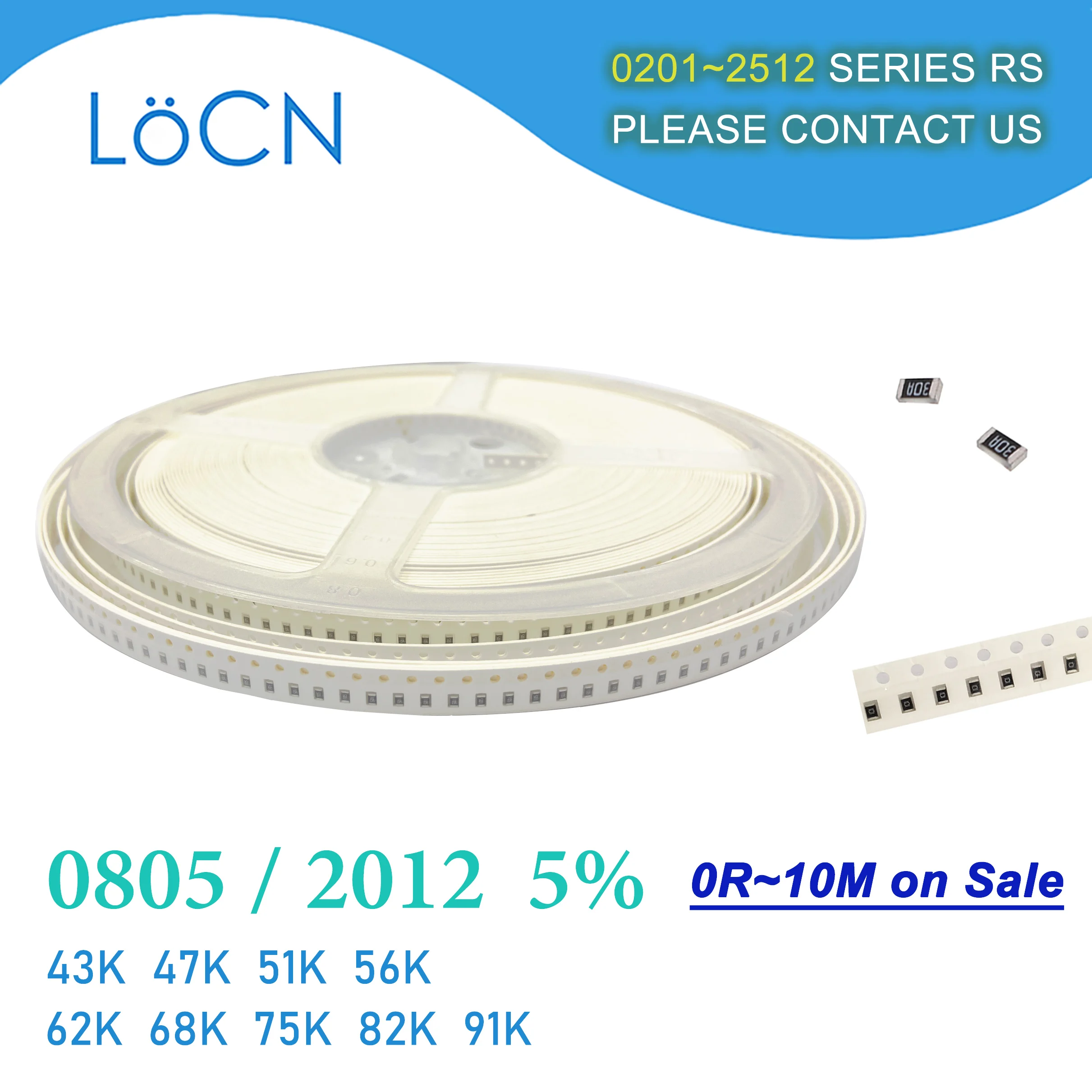 Resistencia LoCNService 0805, 5% unidades, J 5000, 43K, 47K, 51K, 56K, 62K, 68K, 75K, 82K, 91K OHM, 2012 SMD, 433, 473, 513, 563, 623, 683, 753, 823, 913