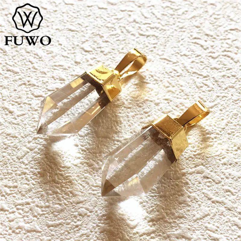 FUWO Wholesale Natural Clear Quartz Point Pendants,Golden Plated Bullet Shape Crystal Accessories For Jewelry Make 5Pc/Lot PD004