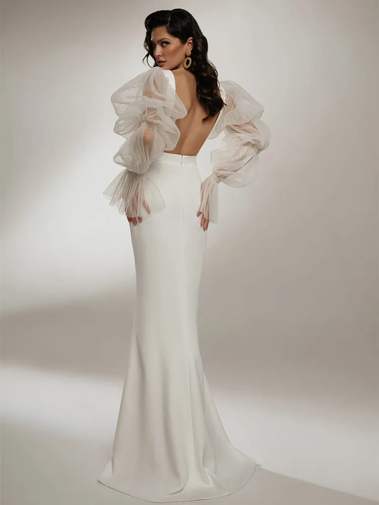 Sexy Sheath Wedding Dresses Summer Boat Neck Backless Stain Puff Sleeves Floor-Length Bride Gown Custom Made New Style Charming