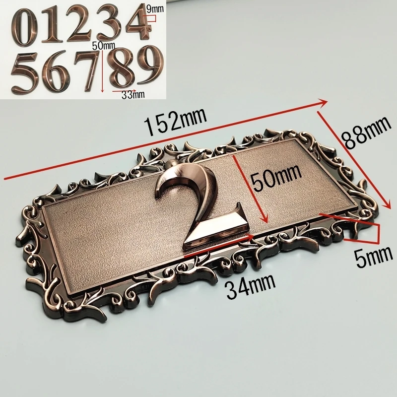 Placa de puerta con número de casa, letrero personalizado, pegatina de número para Hotel, apartamento, plástico ABS, 2 dígitos con un marco, imitación de Metal, bronce