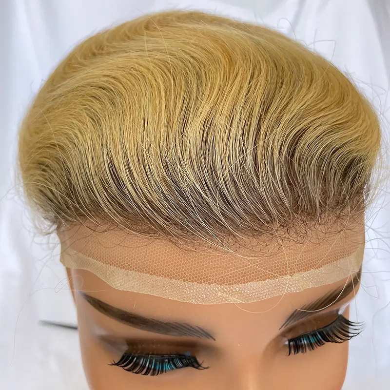 Toupet avec base en dentelle pour homme, cheveux 100% humains, système de remplacement, blond ombré, 10x8