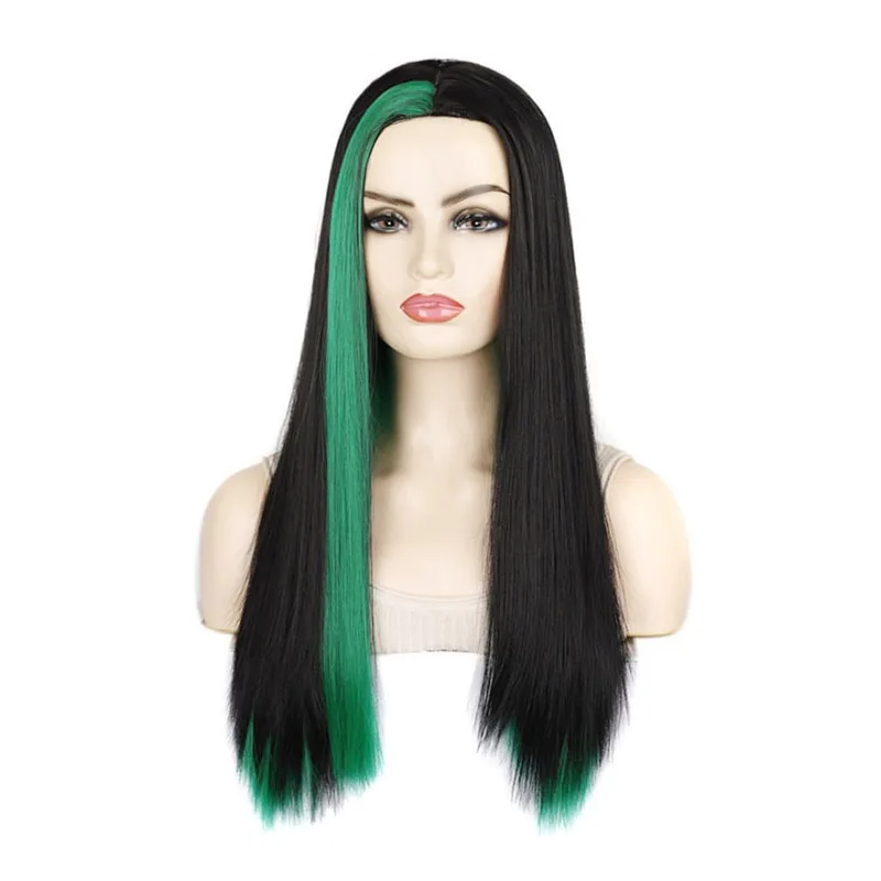 

Long Straight Two Tone Color Set Unique Cosplay Wig Women's Synthetic Hair Wigs Green Purple Pink Highlight Colors for Women