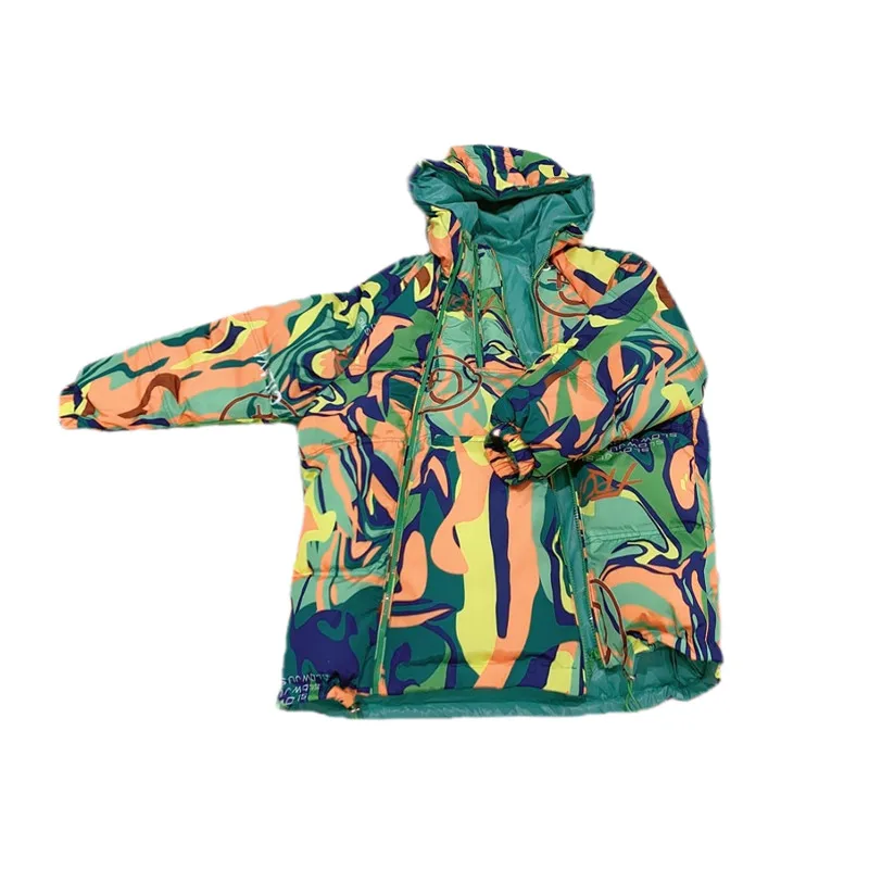 Graffiti Print Fashion Down Jacket Women Hooded Short Parka Thick Warm Winter Jacket Streetwear Loose Hip Hop Cotton Coat Female