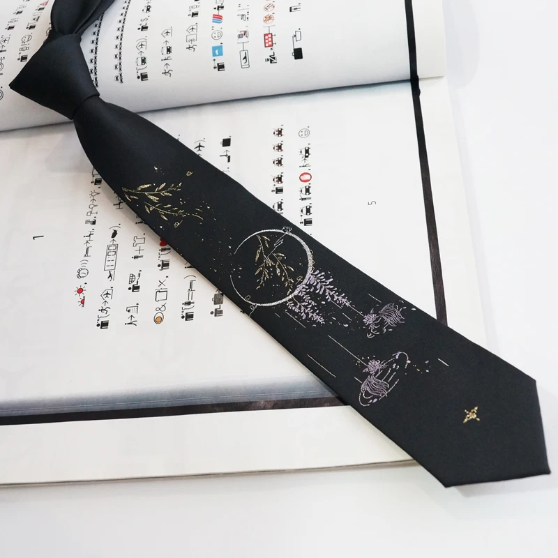 Free Shipping New Men\'s Male Black Necktie Original Design [Goldfish Wisteria] Bronzing Silver Black Tie Moon Student Party Tie