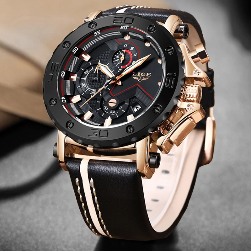 2023LIGE New Fashion Mens Watches Top Brand Luxury Big Dial Military Quartz Watch Leather Waterproof Sport Chronograph Watch Men