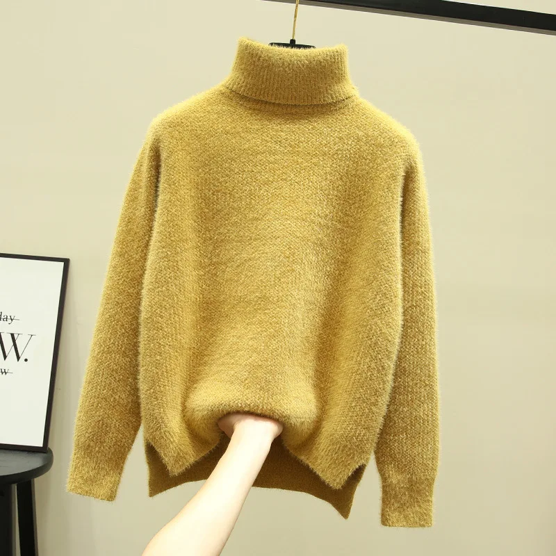 Autumn winter loose 2019 new high-neck imitation mink velvet split fork thick knitted base sweater women\'s hedging