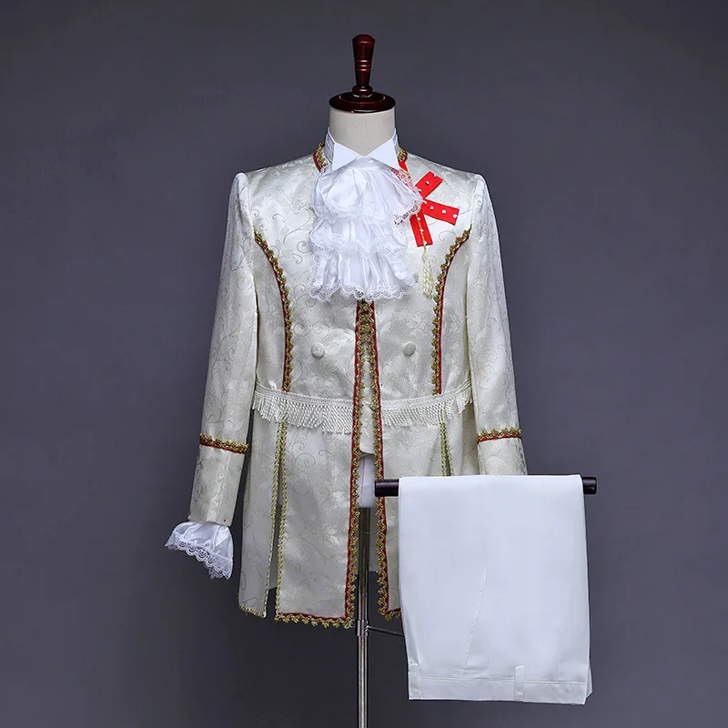 Costume victorien de luxe King Prince pour hommes adultes, veste en émail supérieure, manteau, blazer imbibé, théâtre de scène, tenue de cosplay, pantalon Jabot aught