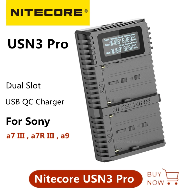 Nitecore USN3 Pro Dual Slot USB QC Charger for Sony NP-FM500H NP-F550 NP-F970 NP-F770 NP-F730 NP-F750 F550 F970 Camera Battery