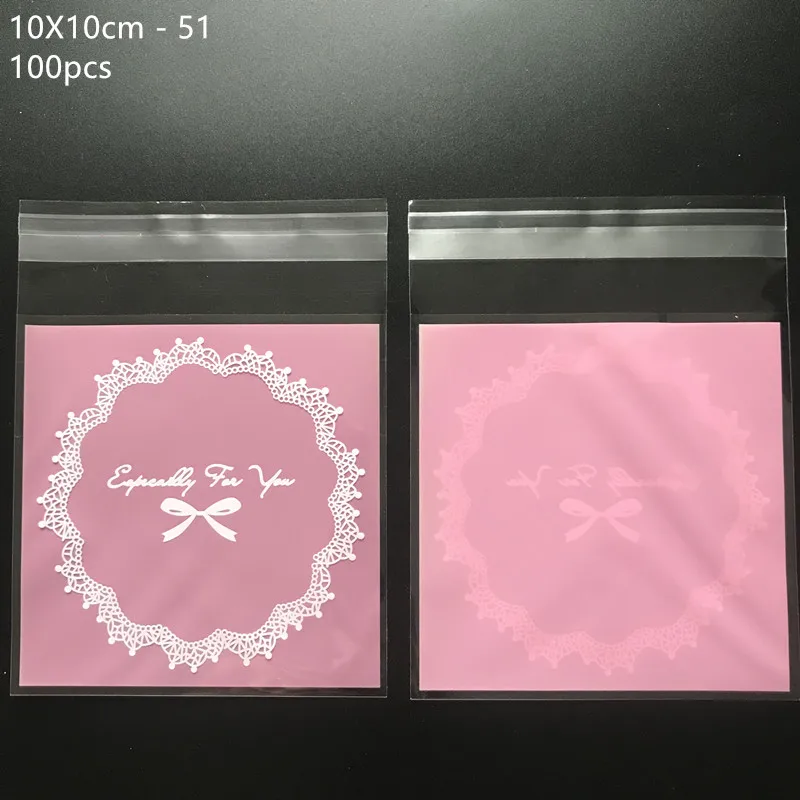 100pcs/lot 10*10cm Bow lace Candy Cookie Biscuits Packaging Bags Self Adhesive Plastic Bags Wedding Birthday Gift Bag