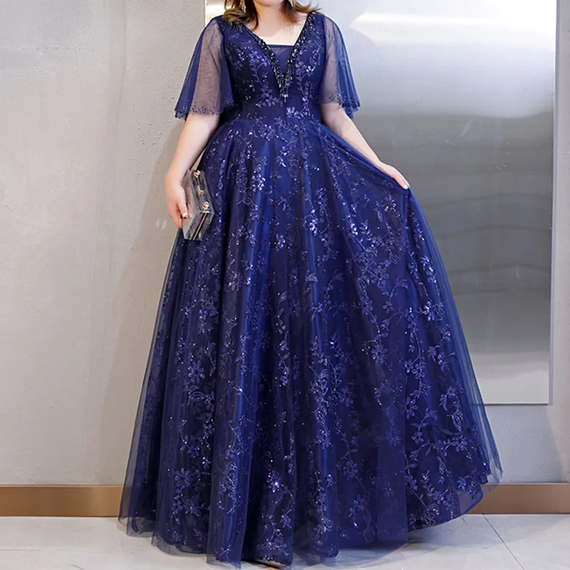 2020 PlusขนาดชุดราตรีDR1063 เซ็กซี่VคอRobe De Soiree Shining Navy Blueชุดราตรีผู้หญิงเลื่อมยาวชุดปาร์ตี้