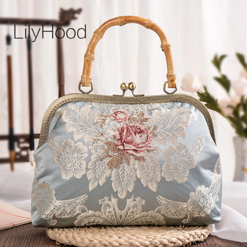 Female Handmade Lace Velvet Floral Embroidery Bamboo Handle Handbag Women Vintage Luxury Design Wedding Clasp Messenger Bag