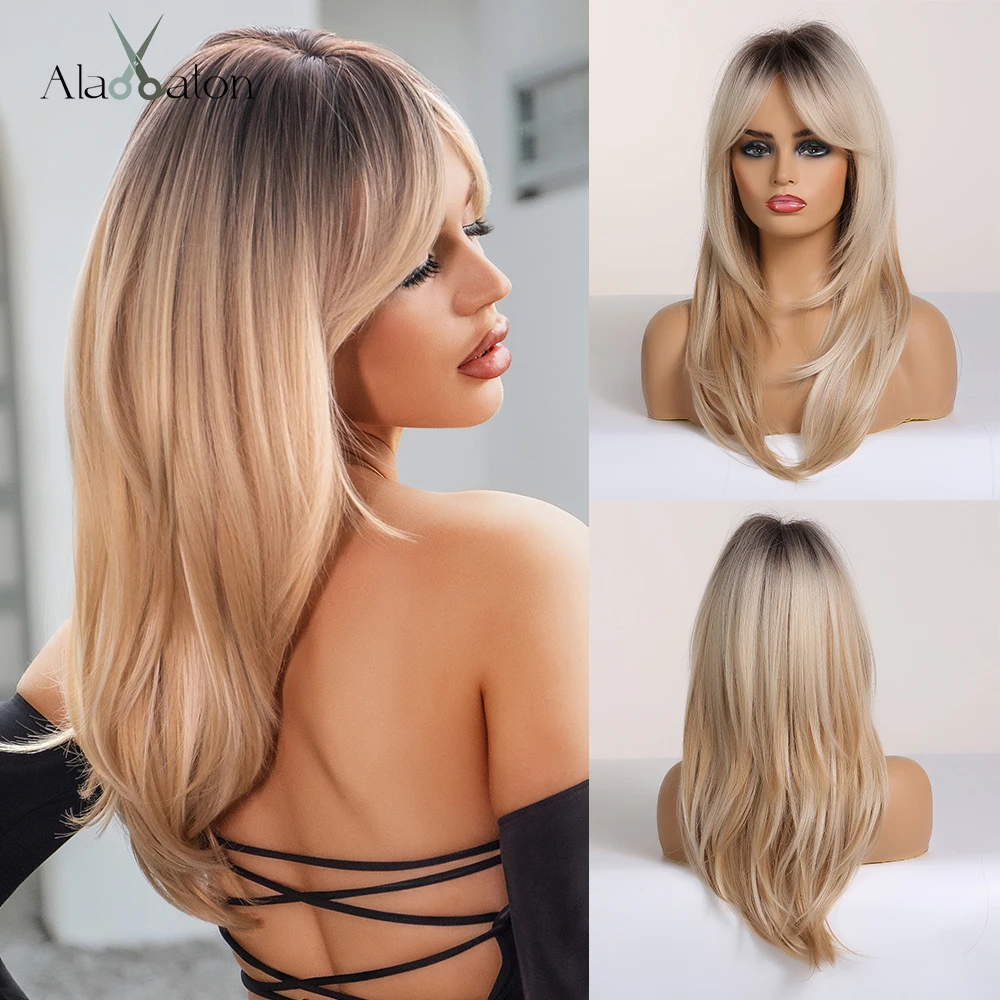 ALAN EATON Long Straight Wigs Ombre Black Blonde Ash Wigs with Bangs Heat Resistant Synthetic Wigs for African American Women