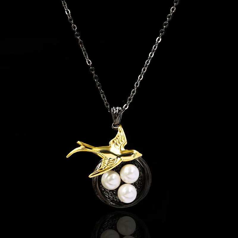 Original Design Sparrow Bird 925 Silver Pearls Pendant Necklace for Women Vintage Black Gold Short Chain Necklaces