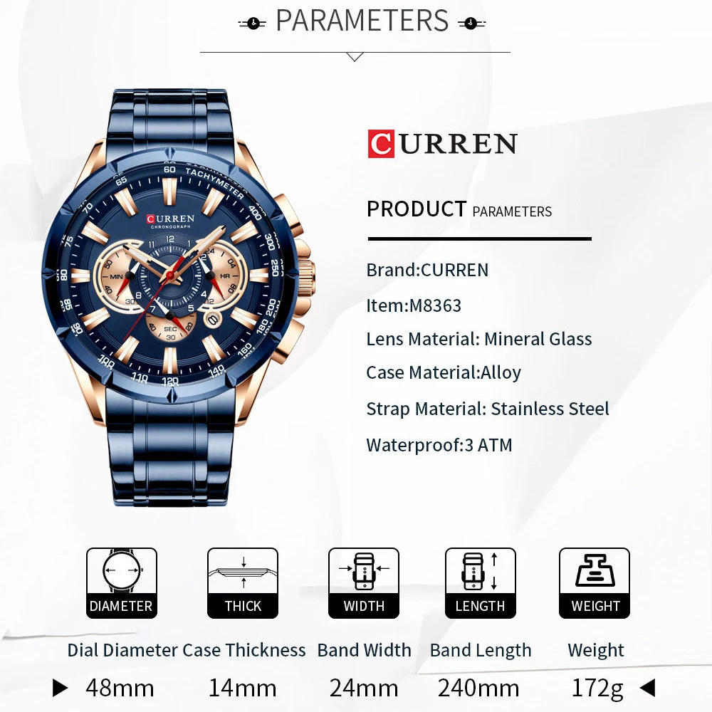 CURREN New Mens Watches Fashion Stainless Steel Sport Quartz Watch Men Luxury Brand Chronograph Military Waterproof Wristwatch