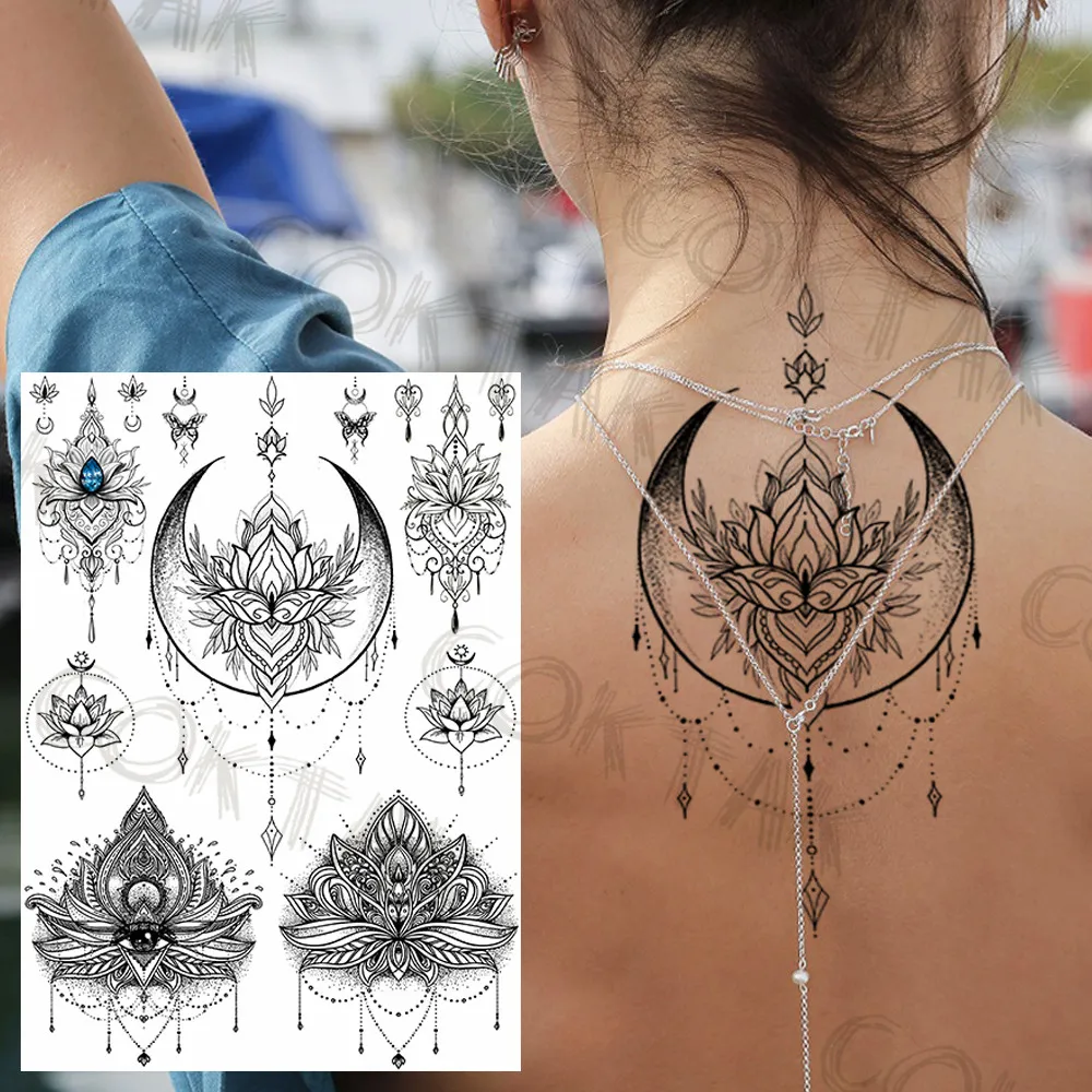 Sexy Black Henna Temporary Tattoos For Women Girls Body Art Decoration Fake Jewelry Chains Waterproof Mandala Flower Tatoos Kit