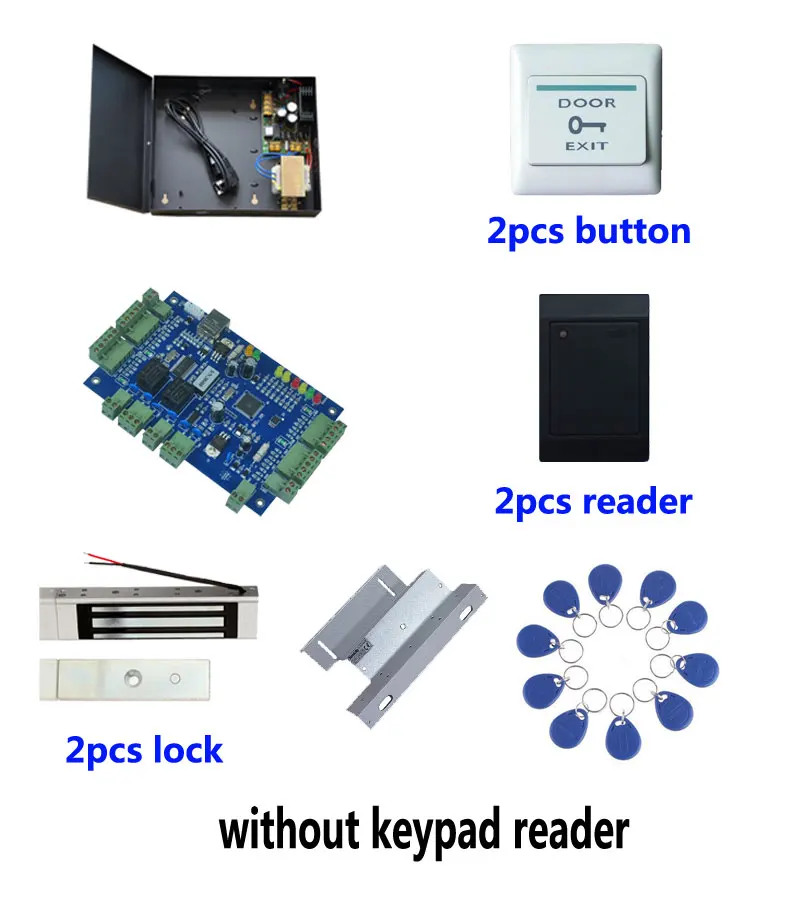 Access Control Kit,TCP Two Door Access Control+Powercase+180kg Magnetic Lock+ZL-Bracket+ID Reader+Button+10 ID Tags,Sn:Kit-B205