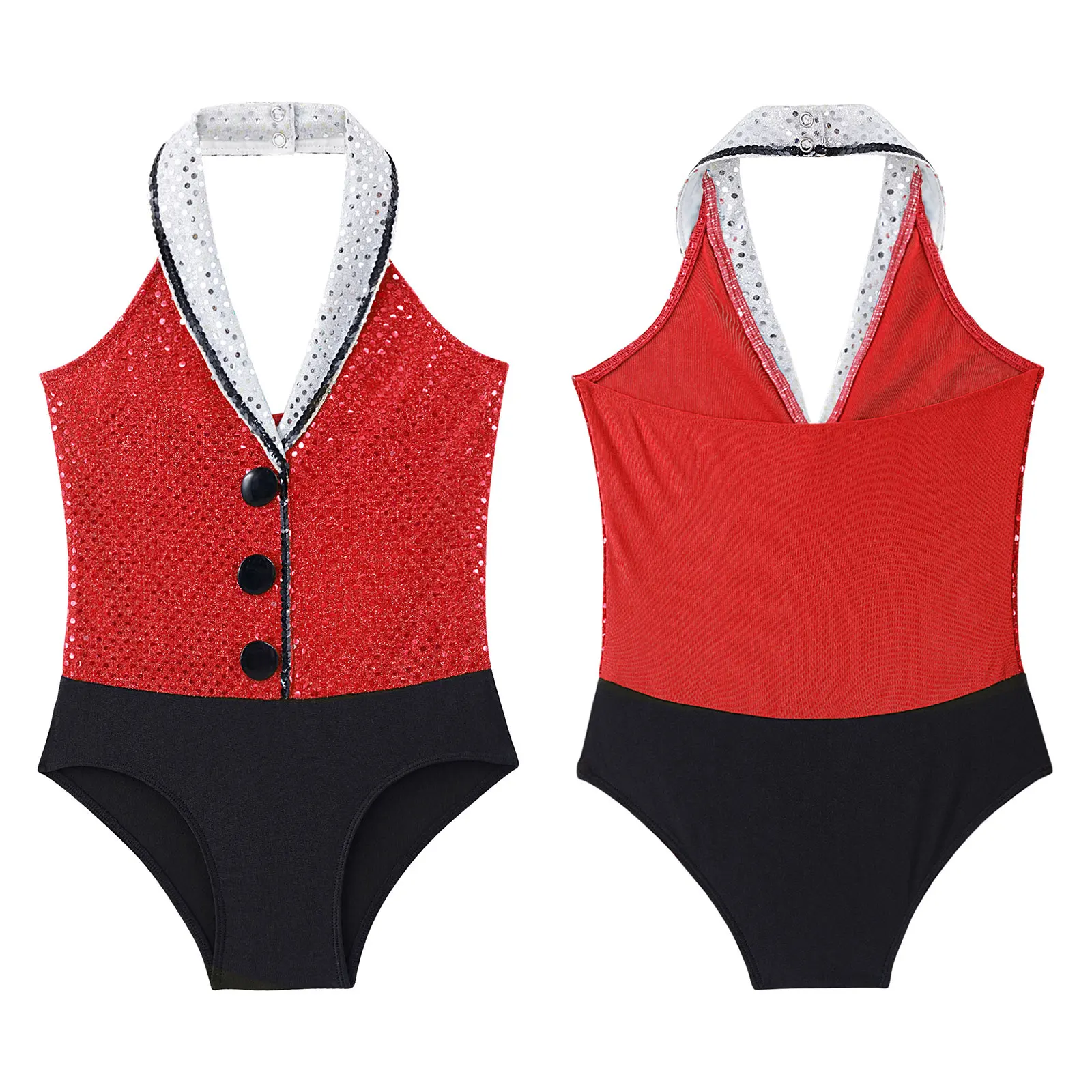 Girls Ballet Leotards Sequins One-Piece Dancewear Halter Sleeveless Backless Ballet Gymnastics Leotard Dress Jazz Dance Costumes