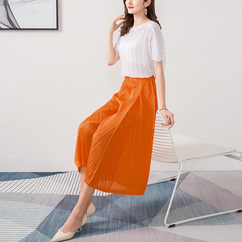 Miyake pleated casual wide leg pants 2021 summer new fashion loose folda large high-waisted thin yellow knee pants for woman