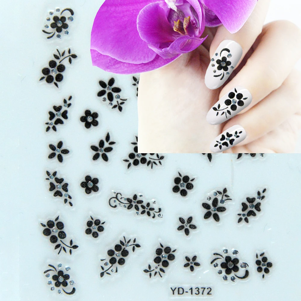 Nail Stickers Sliders For Nails For Manicure Decor Nails Set Nail Design Black Flowers Rhinestone Butterfly Decals Self-adhesive