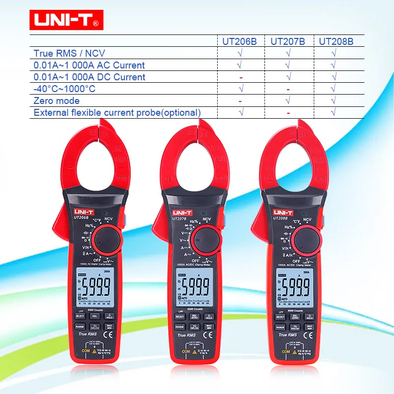 

UNI-T True RMS Digital clamp meter 1000A 1000V 6000 counts AC DC Current voltage tester +autoscale memory+NCV UT206B 207B 208B