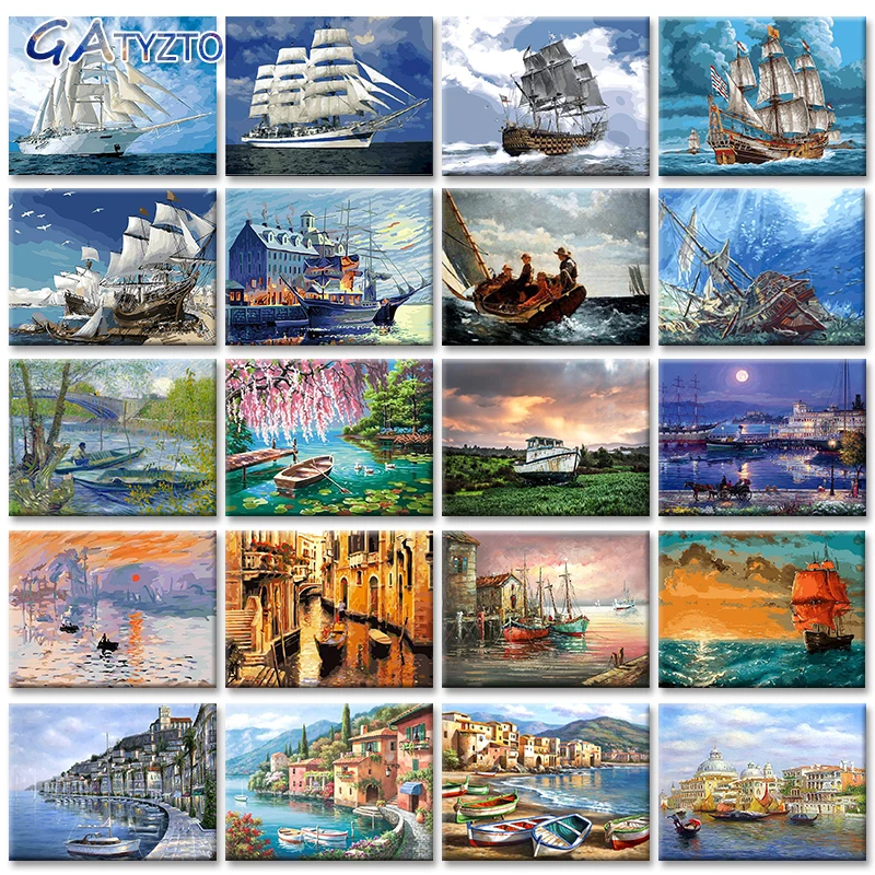 

GATYZTORY Painting By Numbers Ship Cavans Acrylic Drawing Adults DIY Kit 60x75cm Picture Frame Landscape Wall Decoration Home